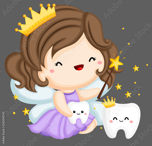 a vector of a tooth fairy and a couple of teeth