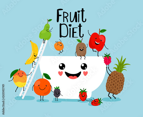Fruit salad. Healthy diet, fresh fruits and berries with white bowl, organic light calories breakfast vector illustration