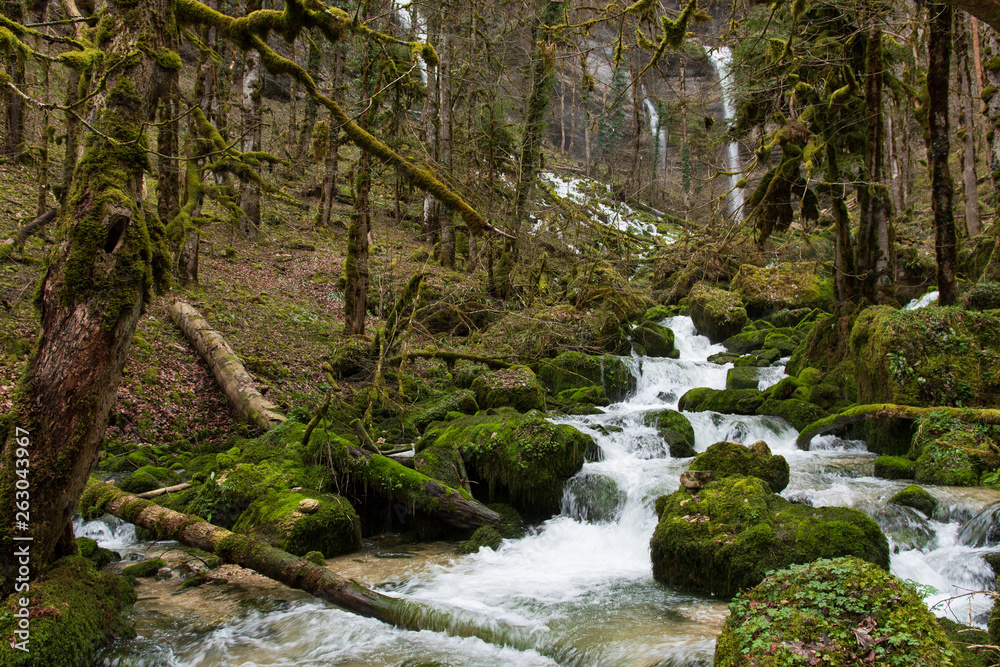 Obraz premium Trois cascades au fond du Cirque de Consolation dans le massif du Jura, Consolation-Maisonnettes, France
