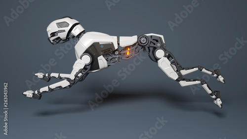 Robot dog runs on a gray background.