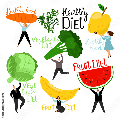 People and vegetables. Men and women with organic vegan vegetable healthy food, vegetarians diet meal characters, vegan dieting nutritionists, vecgor illustration