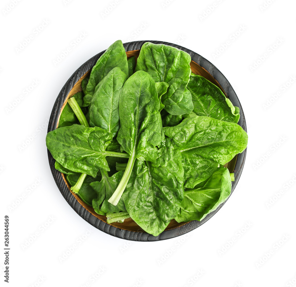 Bowl of fresh spinach leaves isolated on white, top view Bowl of fresh spinach leaves isolated on white, top view
