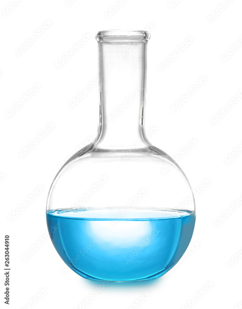 Laboratory flask with liquid on white background. Solution chemistry Laboratory flask with liquid on white background. Solution chemistry