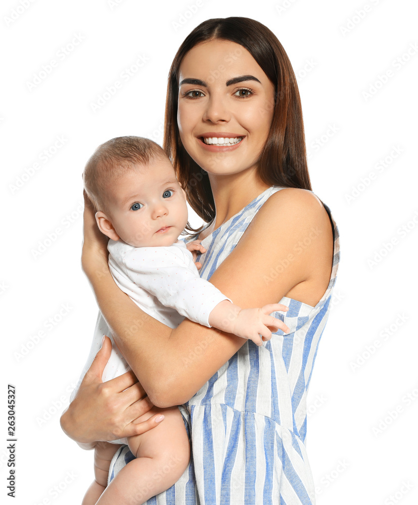 Portrait of happy mother with her baby isolated on white Portrait of happy mother with her baby isolated on white