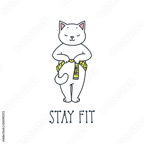 Stay fit. Illustration of cute cat taking measurements of its body isolated on white background. Vector 8 EPS.