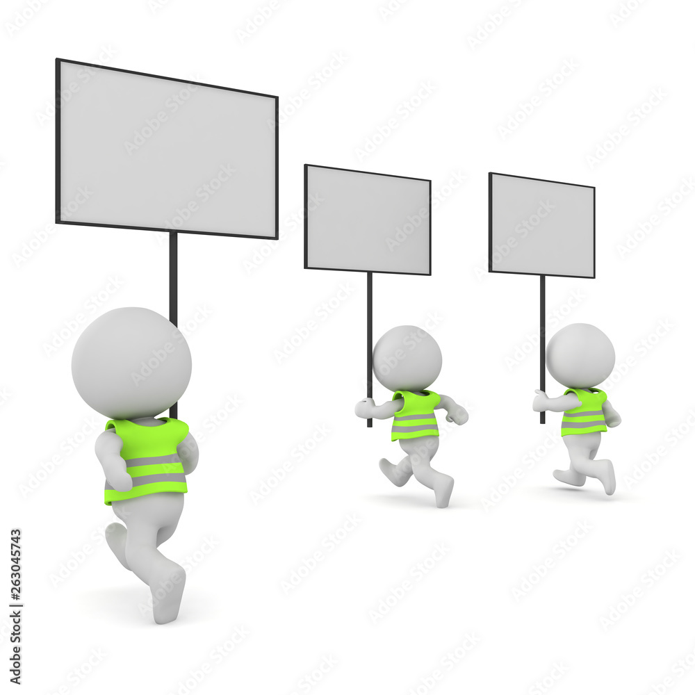 3D Rendering of yellow vest protesters running 3D Rendering of yellow vest protesters running
