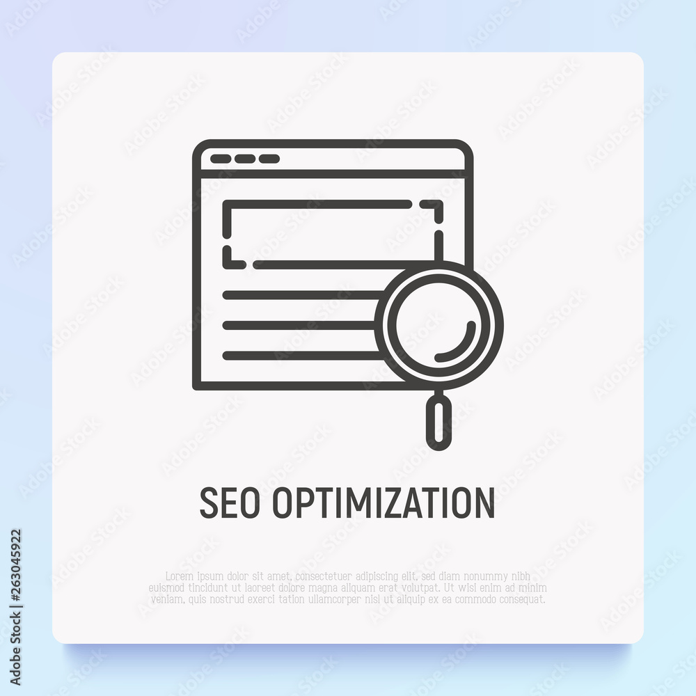 SEO optimization thin line icon: magnifier on web page. Modern vector illustration. SEO optimization thin line icon: magnifier on web page. Modern vector illustration.