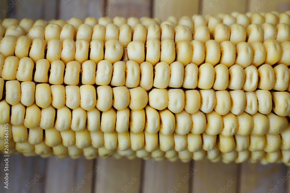 Corn on the cob kernels close-up.