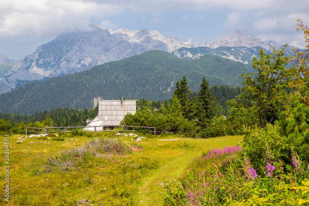 Wooden house at famous Velika planina pastures in Slovenian Alps Wooden house at famous Velika planina pastures in Slovenian Alps