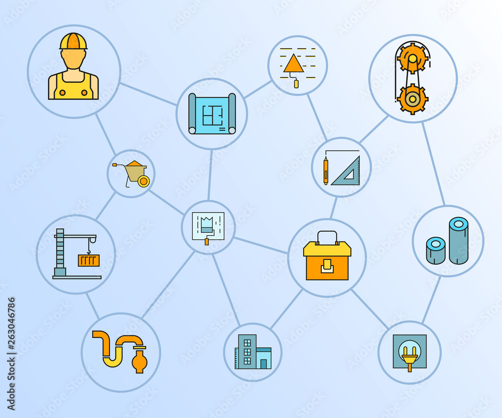 construction and tools network diagram in blue background construction and tools network diagram in blue background