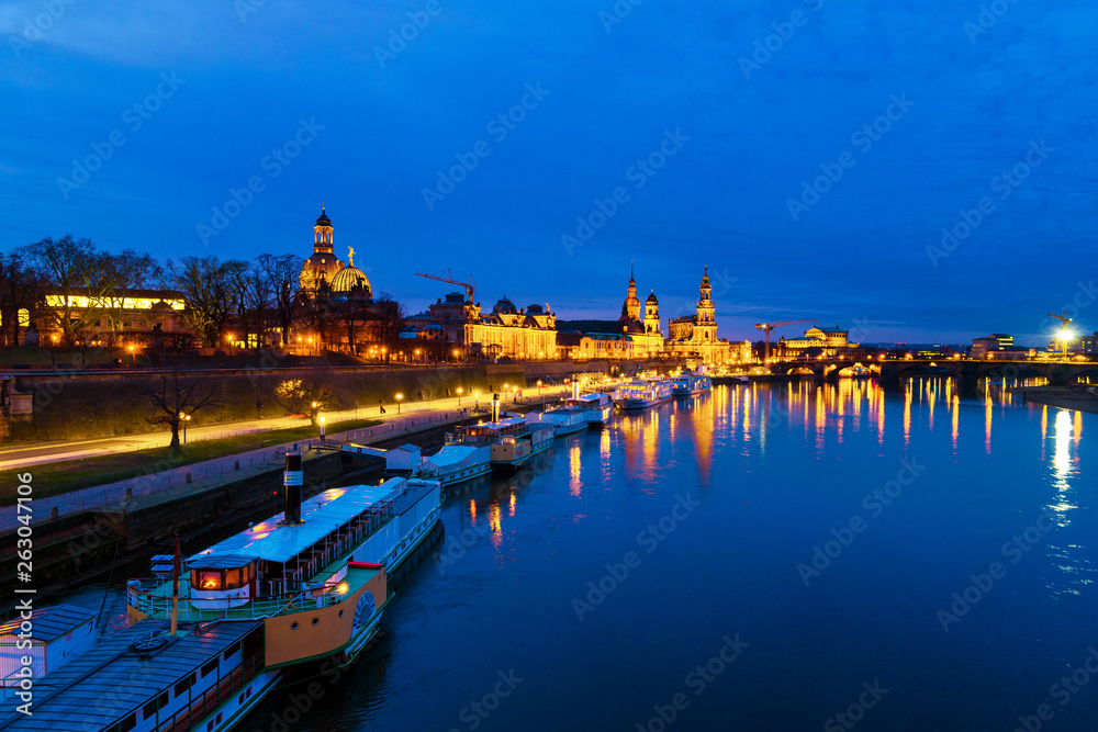 View at main landmarks in the city of Dresden, Germany at sunset