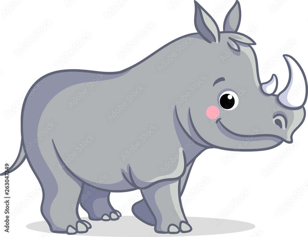 The little rhino is standing on a white background. Vector illustration.