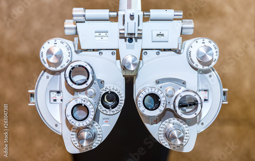 Close-up shot of Optician gear used to test eye for glasses prescription.