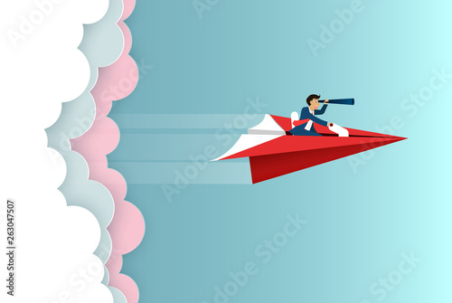businessman sit on paper plane hold binoculars forward fly on sky go to success goal. business finance concept. creative idea. startup. illustration cartoon vector