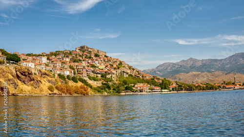Panorama view of the traditional town Mithymna, also called Molyvos, with the fortress on the hill, north Aegean Sea, Lesvos island, Greece, Europe