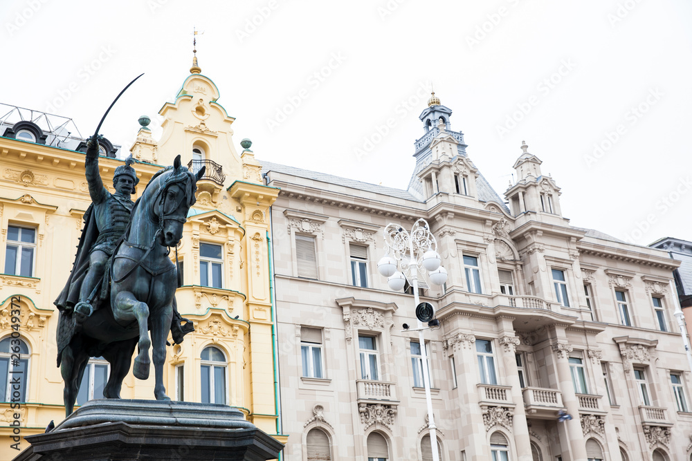 Statue of Count Ban Jelacic erected on1866  and the beautiful facades of the buildings on the main city square in Zagreb
