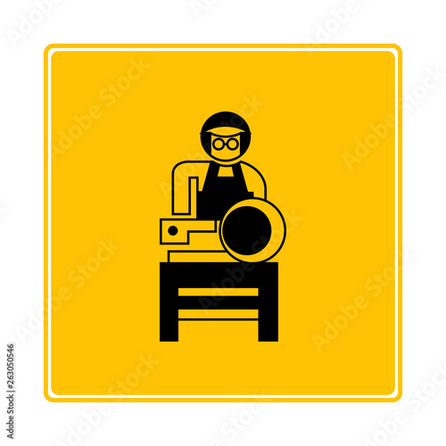 worker,  mechanic, carpenter using drilling machine icon in yellow background