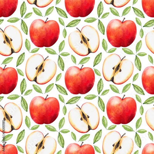 Seamless watercolor pattern with juicy apples on a white background