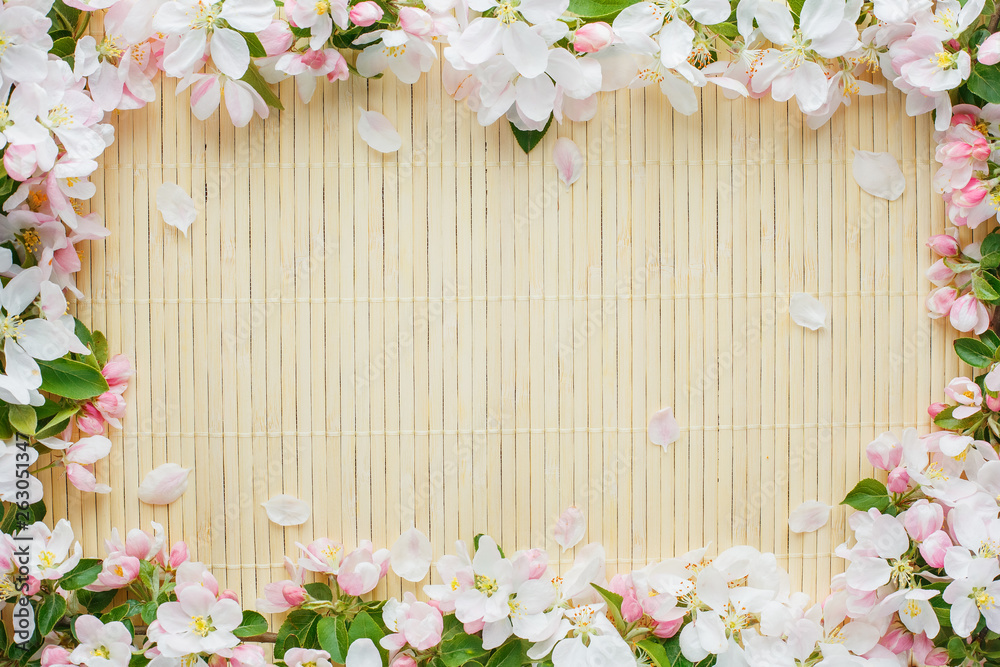 Frame of spring flowers of sakura on bamboo background. Beautiful cherry blossom sakura in springtime Frame of spring flowers of sakura on bamboo background. Beautiful cherry blossom sakura in springtime