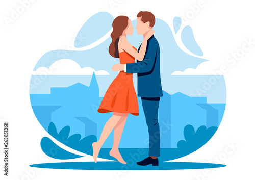 Full length body size of elegantly dressed loving young couple kissing in a city park. Colorful vector illustration.