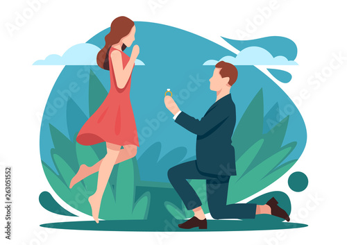 Full length body size of two attractive people delighted glad lady getting receiving engaging offer guy standing on one knee isolated over city background. Colorful vector illustration.