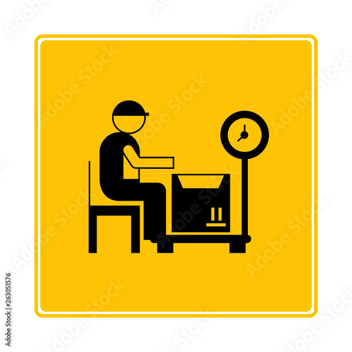 worker weigh carton box icon in yellow signage