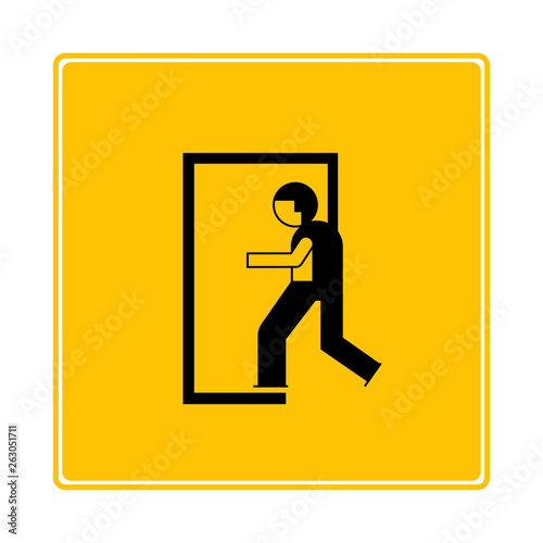 emergency exit, person walking exit the door icon in yellow signage