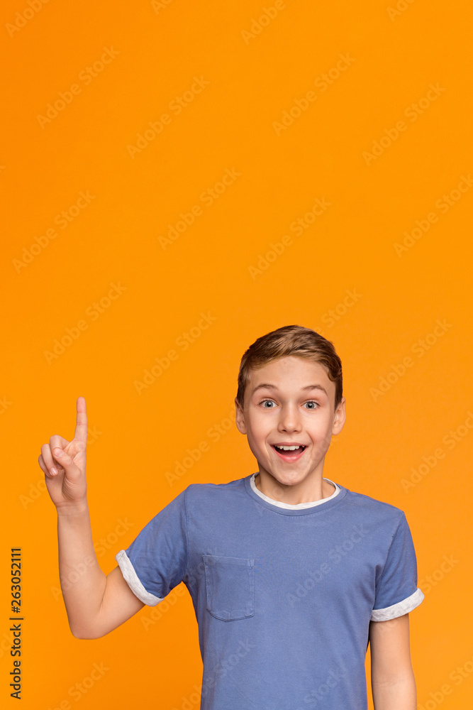 Excited teenage boy have great idea, pointing finger up Excited teenage boy have great idea, pointing finger up