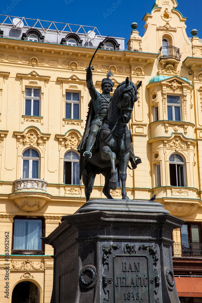 Statue of Count Ban Jelacic erected on1866  and the beautiful facades of the buildings on the main city square in Zagreb