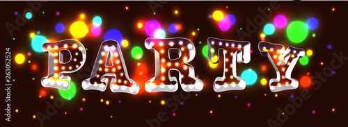 Festive 3d retro style lettering made with light through silhouettes and colorful stage lights  forming word party over dark background.