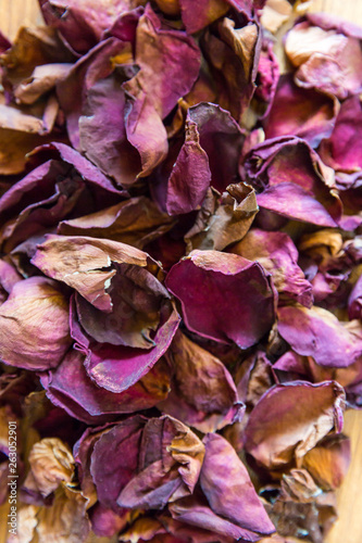 Dried rose petals: for tea, alternative medicine, potpourri. Copyscape.