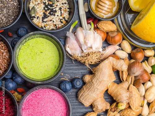 Various colorful superfood powders, cleasing and detox concept photo