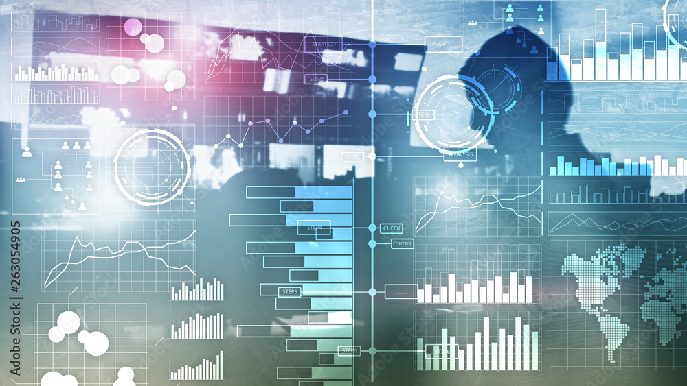 Fototapeta premium Business intelligence. Diagram, Graph, Stock Trading, Investment dashboard, transparent blurred background.