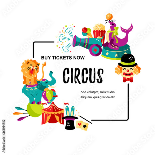 Circus. Vector illustration with animals, clowns and magicians. Template for circus show, party invitation, poster, kids birthday. Flat style.