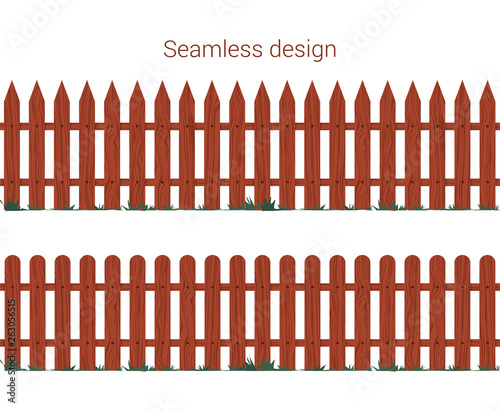 Seamless vector illustration of wooden fence. Bronw repeating gate elements with realistic wood pattern texture.