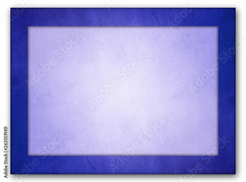 An isolated picture frame with an rich blue grunge texture frame and a light blue interior texture with glowing center. 