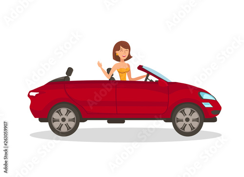 Wealthy Woman in Car Flat Vector Illustration