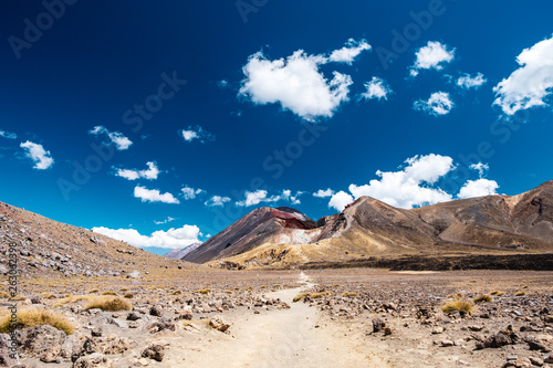 Beautiful Landscape view of Tongariro Crossing track on a beautiful day with blue sky, North Island, New Zealand.