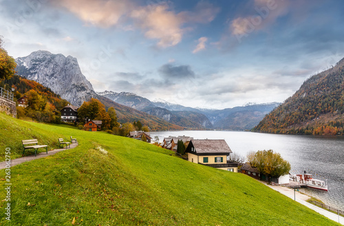 Scenic image of fairy-tale Alpine valley with lake Grundlsee and Mountain Backenstein on background. awesome Austrian alps. villas and hotels On lakeside. Grundlsee, Salzkammergut, Styria, Austria