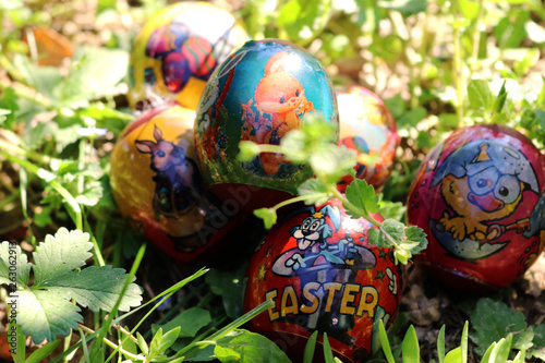 colorful easter eggs in green grass