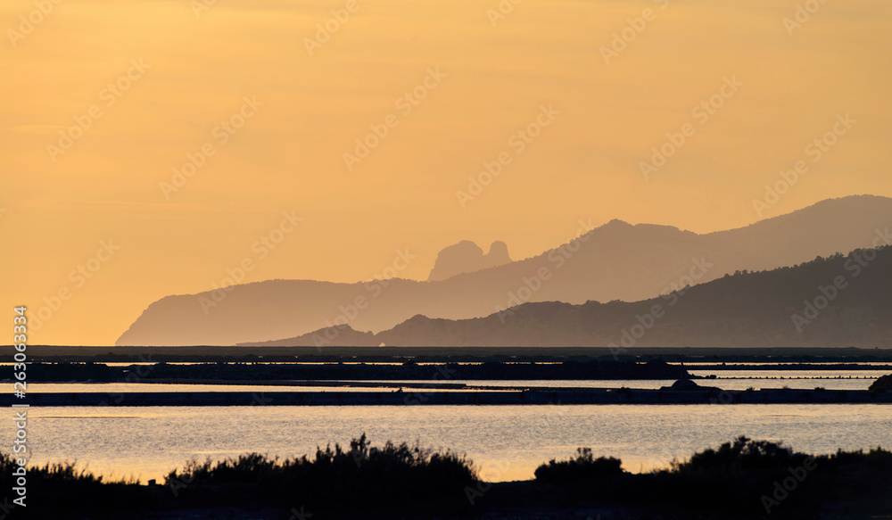Sunset at Ses Salines..View at Es Vedra from another side of island..Ibiza.Spain.