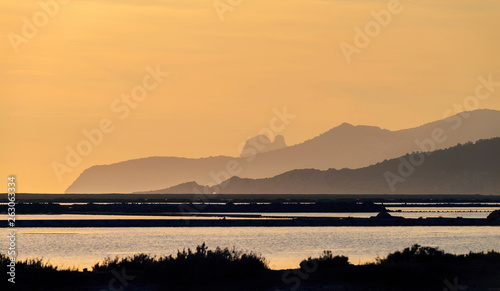 Sunset at Ses Salines..View at Es Vedra from another side of island..Ibiza.Spain.
