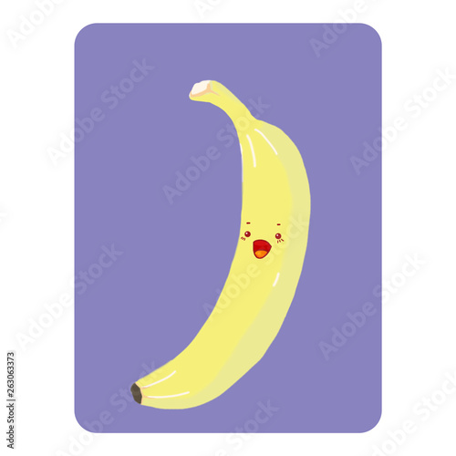 Kavai Banana. Playing card.  Illustration. Banana on a purple background . Colorful Fruit Card Game. Children will easily remember the names of the fruit. photo