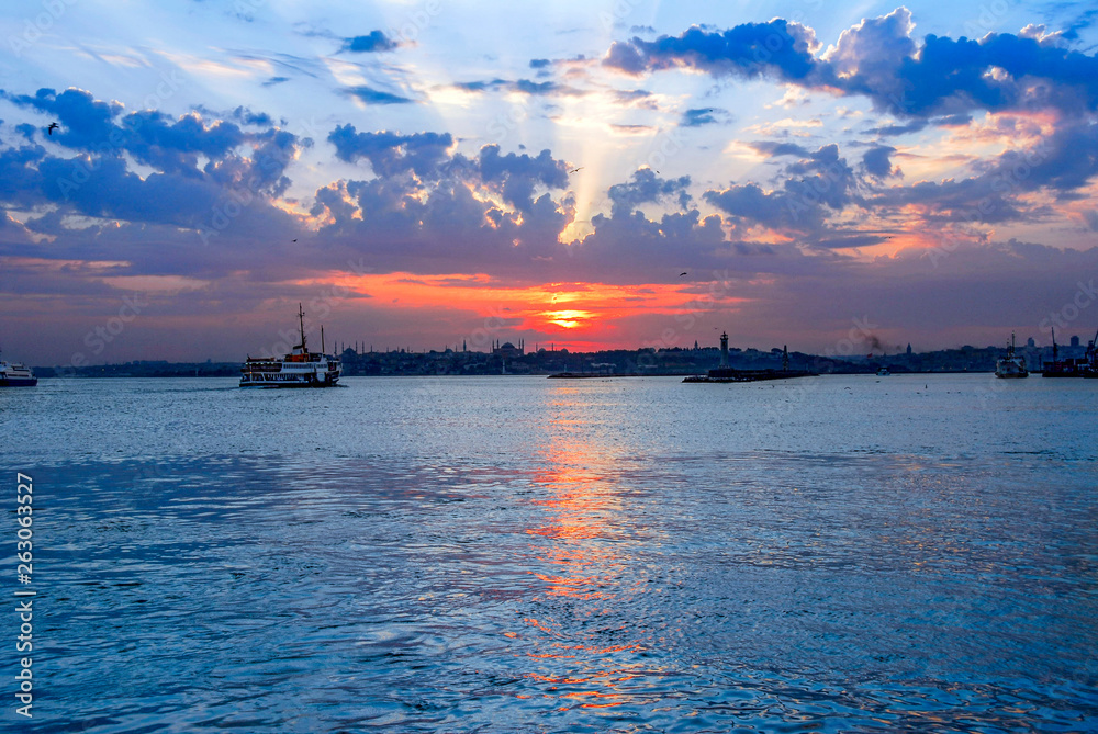 Istanbul, Turkey, 10 June 2007: City lines ferry, Sunset at Historical Peninsula