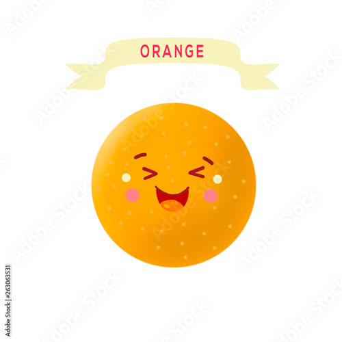 Kavai Orange. Cute Orange on a white background with a title. Cheerful, funny edible character.