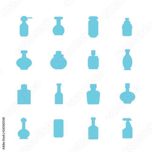 blue bottle packaging icons set