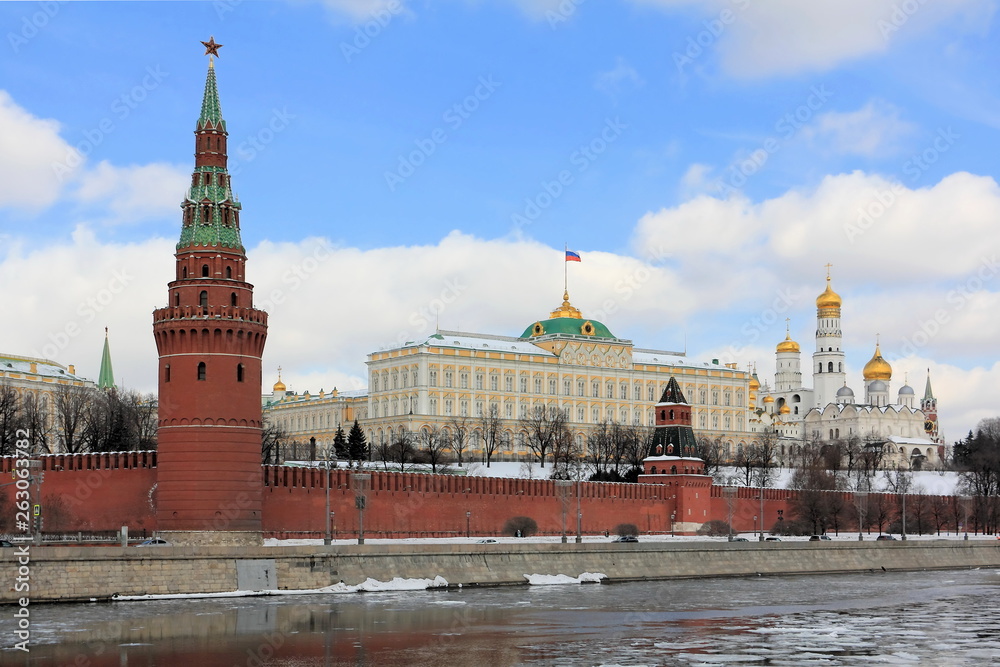 Moscow Kremlin and Moscow River during the spring breakup
