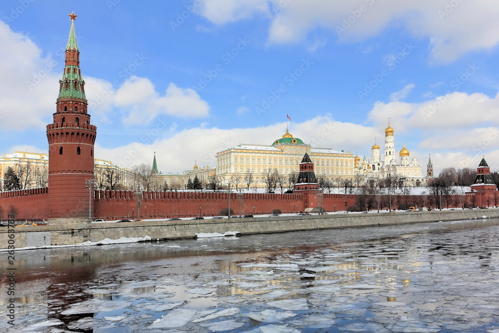 Moscow Kremlin and Moscow River during ice drift