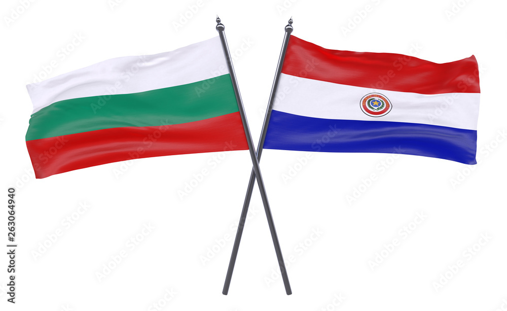 Bulgaria and Paraguay, two crossed flags isolated on white background. 3d image Bulgaria and Paraguay, two crossed flags isolated on white background. 3d image