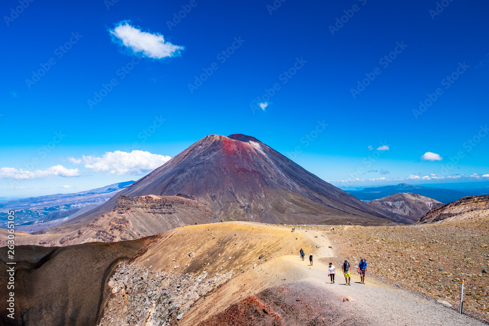 New Zealand, North Island, A group of people trekking in Beautiful Landscape of Tongariro Crossing track on a beautiful day.